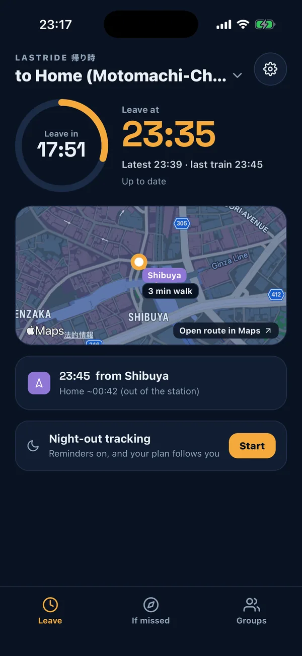 Home screen: leave at 23:35, 3 min walk to Shibuya